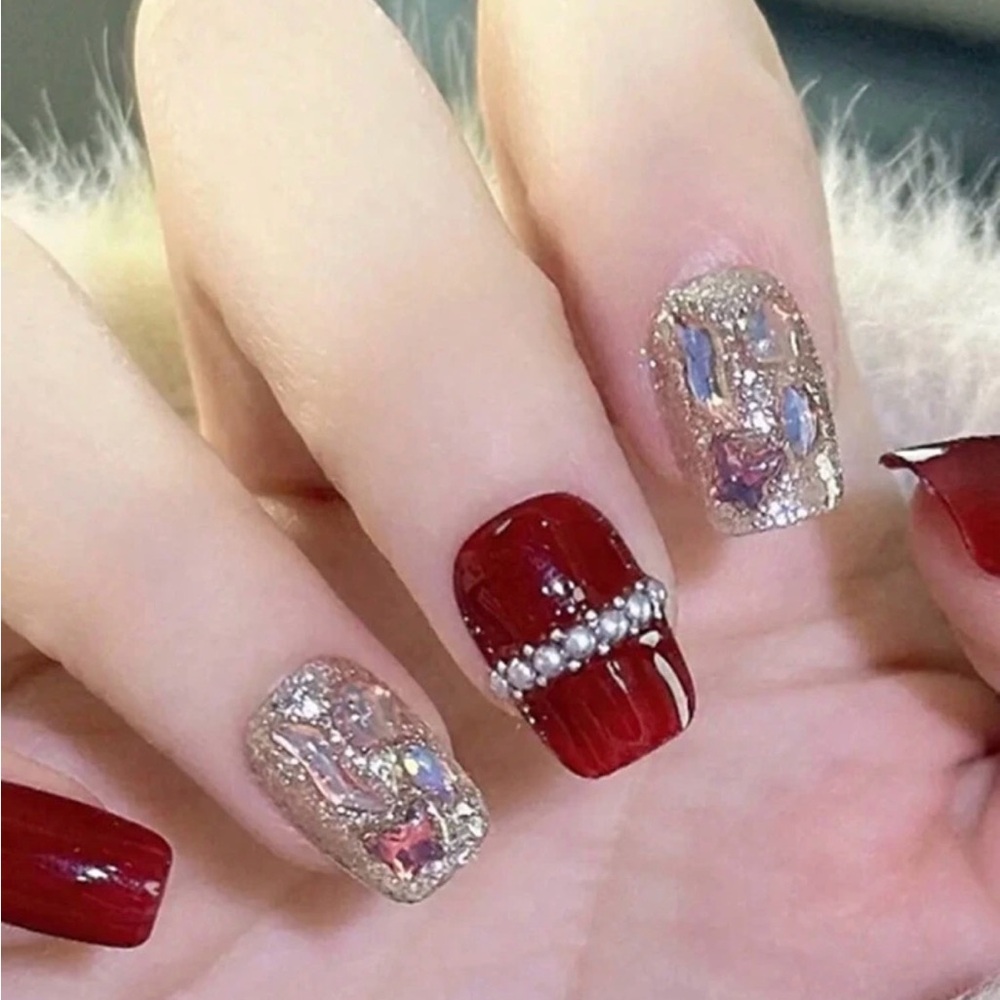 Nail Colors For You Red Silver Glitter Pearl Square Press-On Nails with Glue
